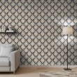 Arabesque wallpaper damask blue and terracotta design