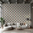 Arabesque wallpaper damask blue and terracotta design