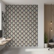 Arabesque wallpaper damask blue and terracotta design