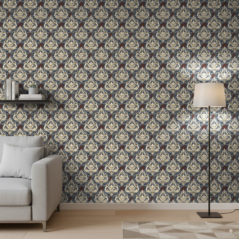 Arabesque Tapete Damastmuster Vintage Blau mit Terrakotta Design