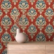Papel Pintado Arabesque Diseño Damasco Rojo Terracota Con Azul