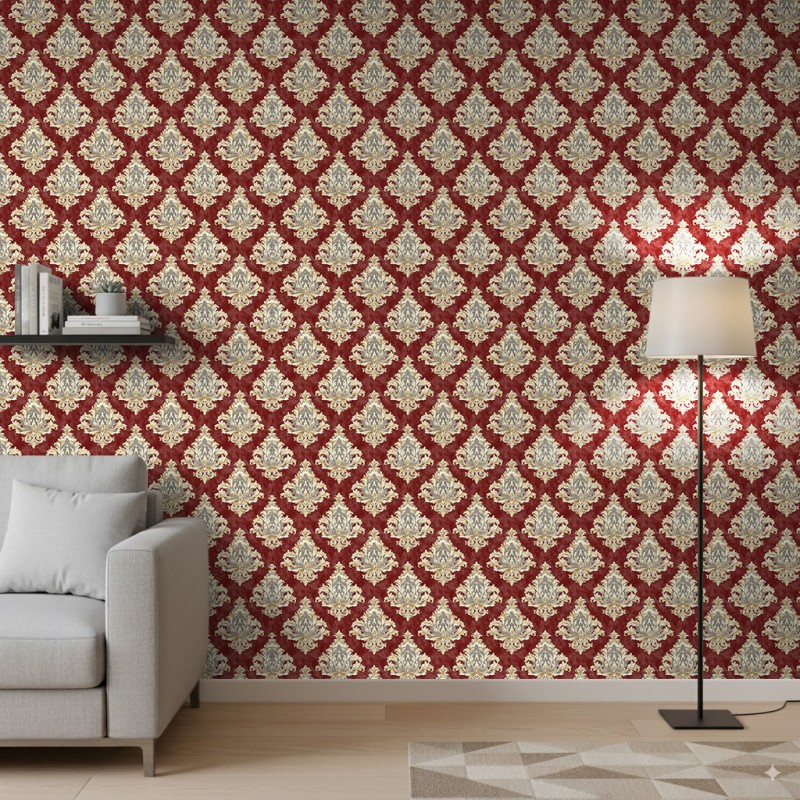 Papier peint arabesque motif damassé rouge intense