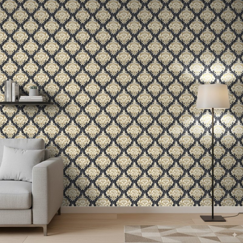 Papel Pintado Arabesque Diseño Damasco Negro Elegante