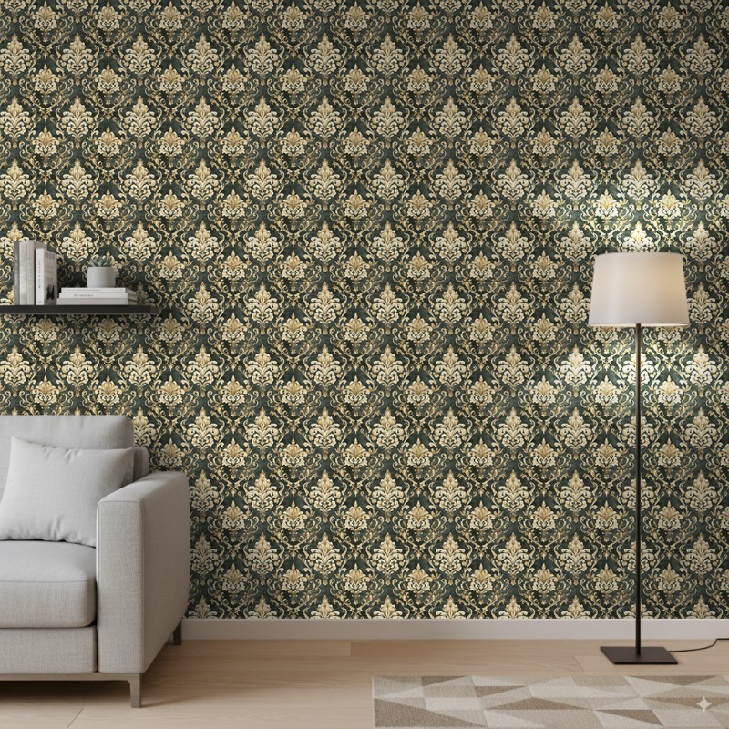 Papier peint arabesque motif damassé vert émeraude foncé