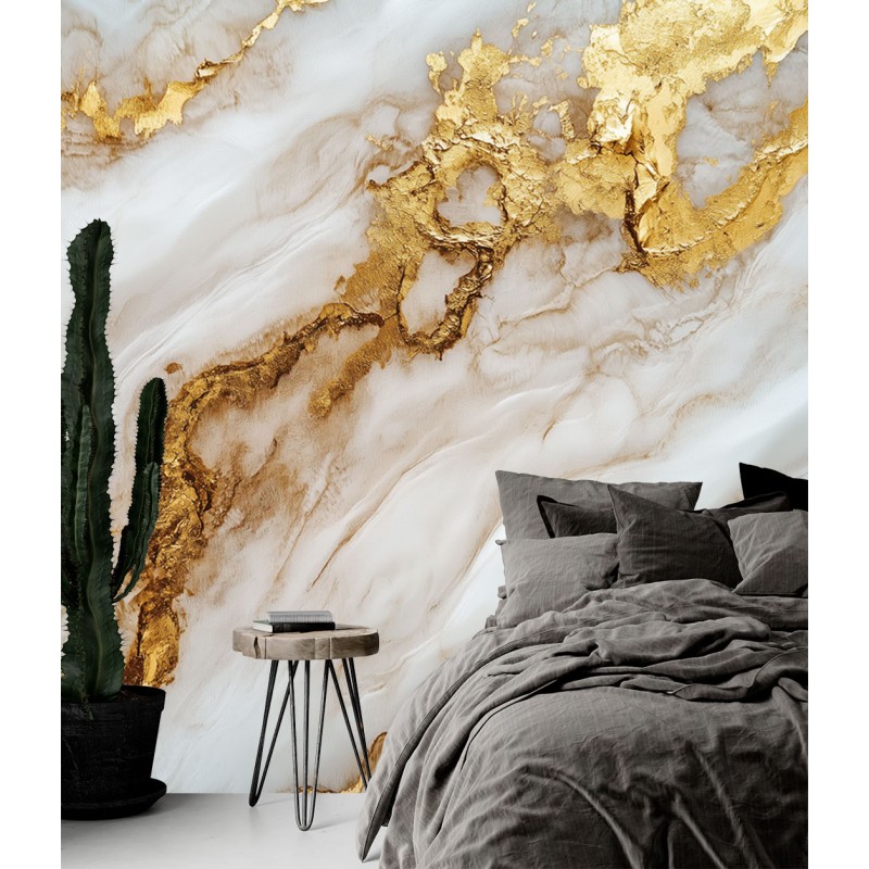 Lussuosa Decorazione Fotomurale in Marmo Bianco e Oro