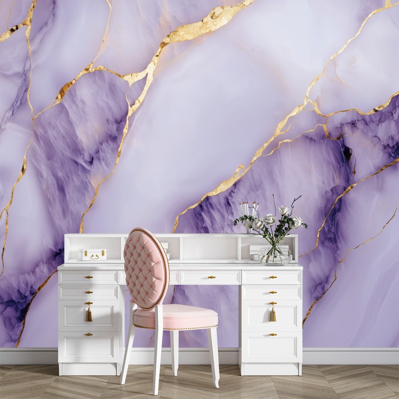 Fotomural de Mármol Blanco Y Morado Con Detalles Dorados
