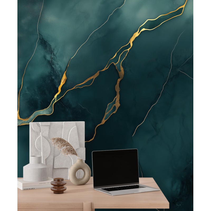Fresque Murale en Marbre Vert Foncé Avec Veines Dorées