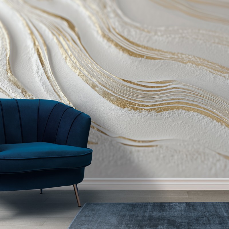 Fresque Murale 3D Vagues Blanches Avec Veines Dorées