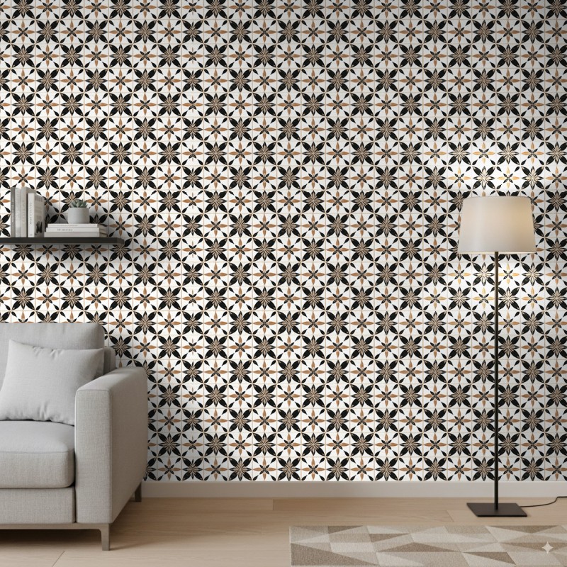 Carta da parati piastrella design floreale nero e marrone