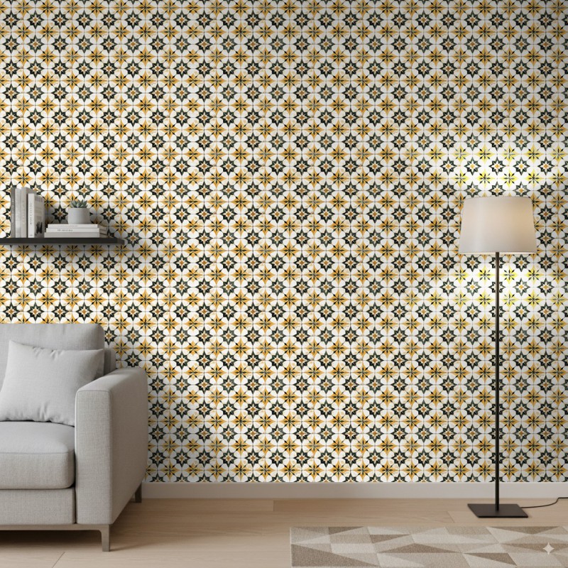 Papel Pintado Azulejo Diseño Geométrico Estrella Amarilla