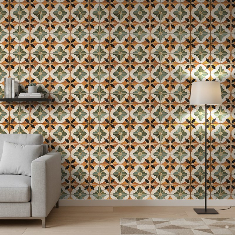 Papel Pintado Azulejo Diseño Floral Verde Y Terracota