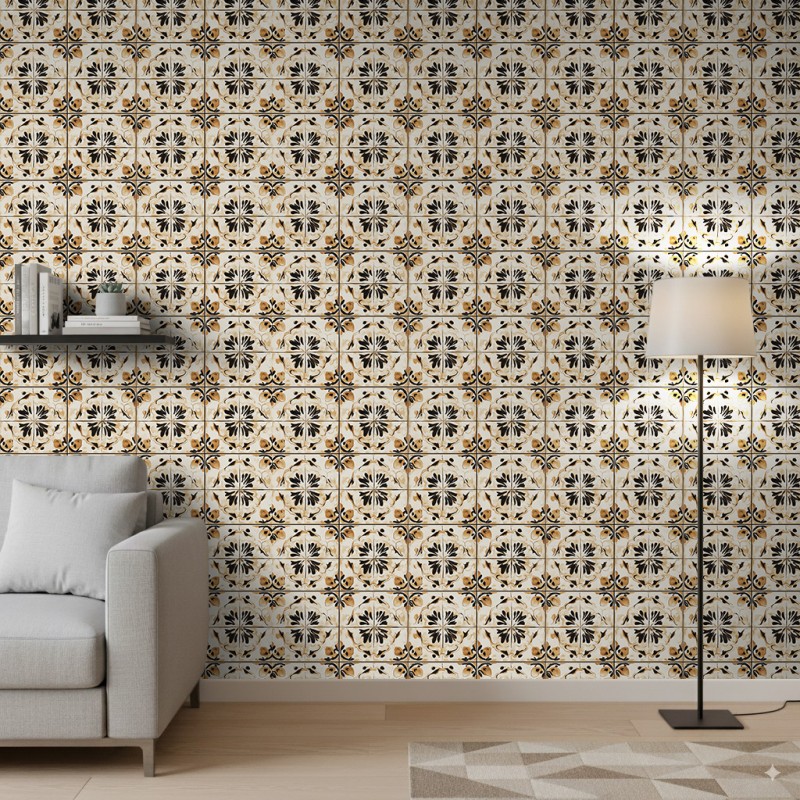 Wallpaper tile floral design beige and white