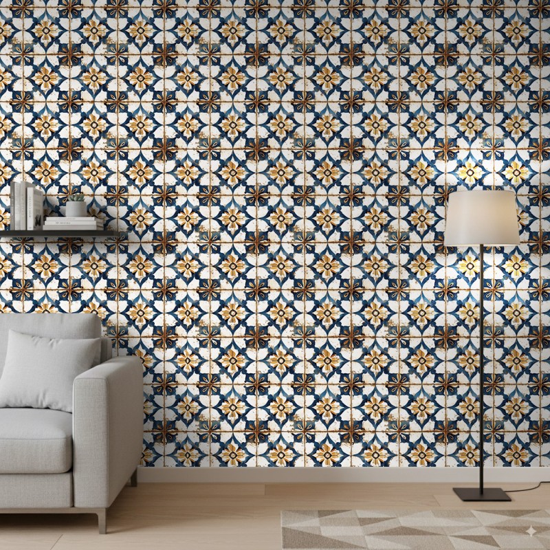 Tapete Fliese florales Design blau und weiß