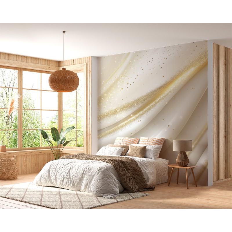 3D Abstract Waves Photomural With White Background And Gold