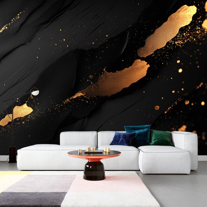 Fresque Murale 3D Noire avec Effet Marbre Doré