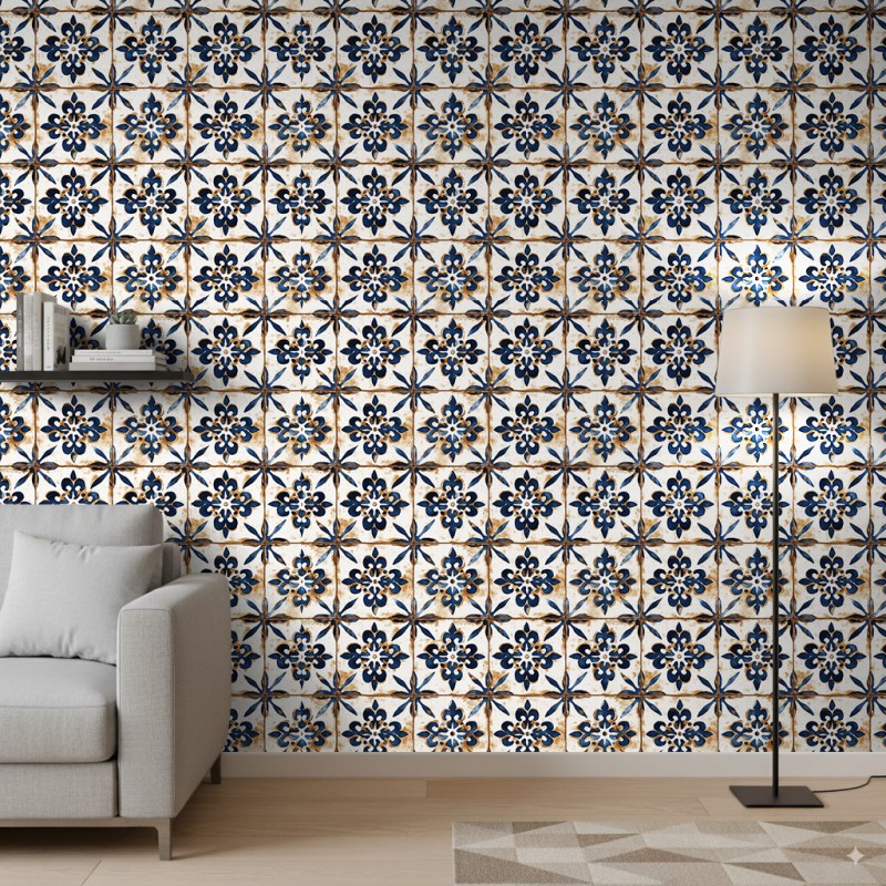 Carta da parati piastrella floreale blu e bianco