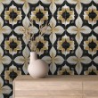 Papel Pintado Azulejo Floral Negro Y Oro