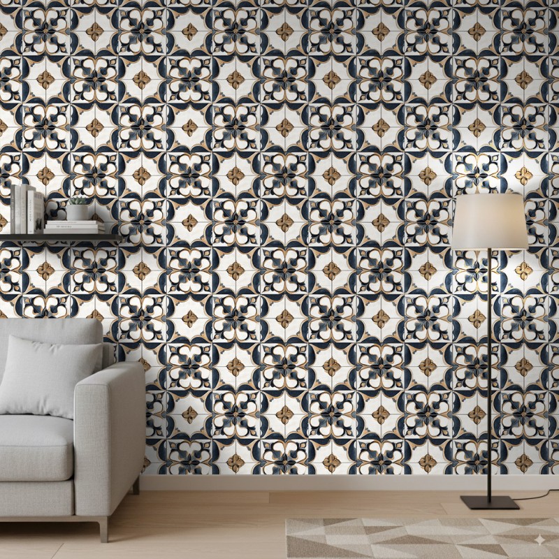 Wallpaper tile blue and gold flowers design