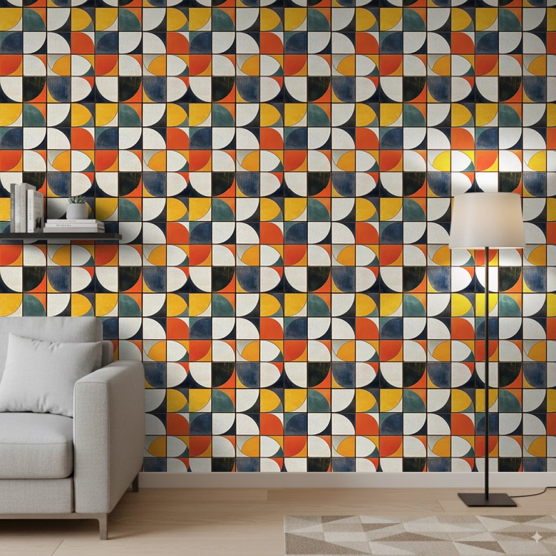 Carta da parati piastrelle retrò design geometrico semicircolare multicolore