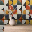 Papel Pintado Azulejo Retro Geométrico Curvo Multicolor