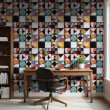 Papier peint carreaux rétro design géométrique artistique multicolore