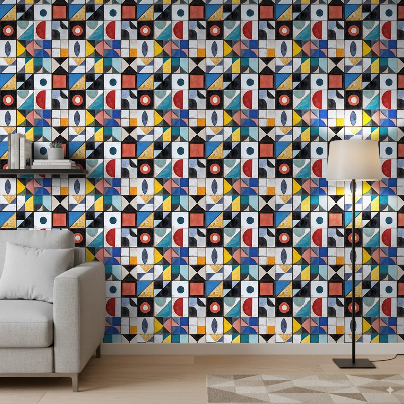 Papel Pintado Azulejo Diseño Vanguardista Multicolor