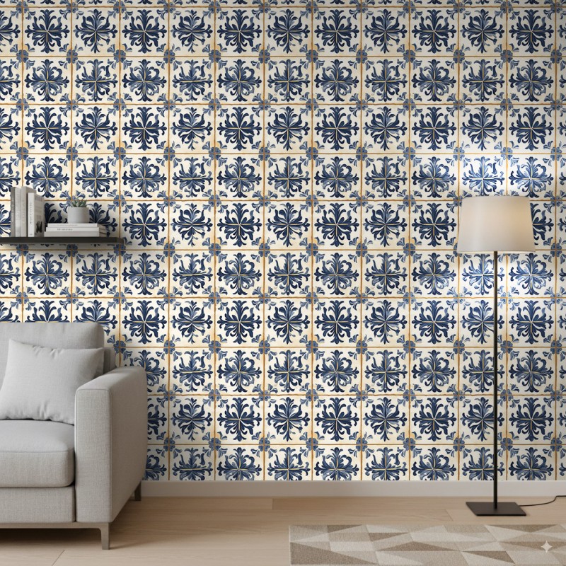 Wallpaper tiles classic floral blue and beige design