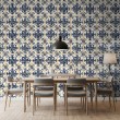 Papier peint carreaux classique design floral bleu et beige