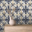 Papier peint carreaux classique design floral bleu et beige