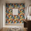 Papier peint carreaux design mosaïque florale multicolore