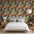 Papier peint carreaux design mosaïque florale multicolore