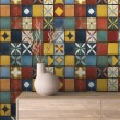 Papier peint carreaux design mosaïque florale multicolore
