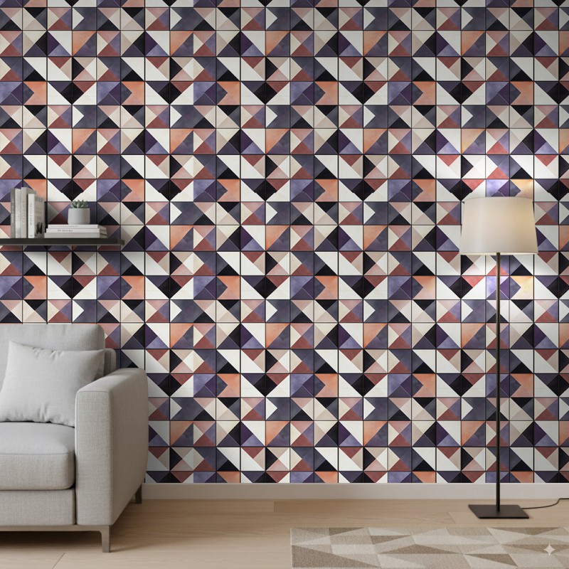 Wallpaper tiles violet and earthy tones triangular design