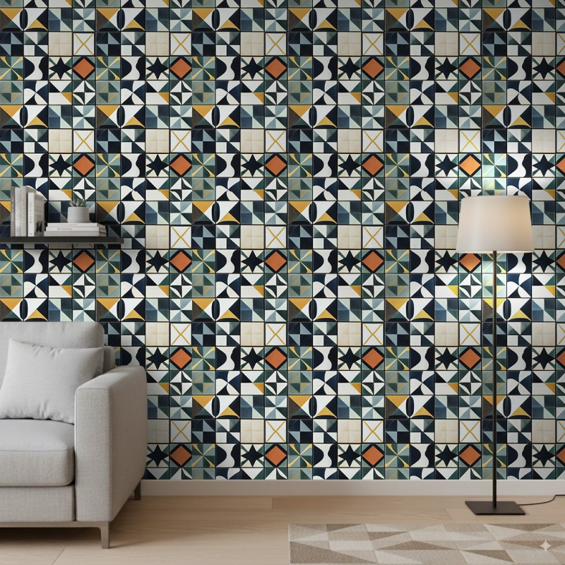 Tapete Fliesen geometrisches Mosaikdesign blau und senfgelb