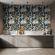 Papier peint carreaux design mosaïque géométrique bleu et moutarde