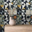 Wallpaper tiles blue and mustard geometric mosaic design