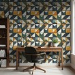Papier peint carreaux design triangulaire vert et moutarde