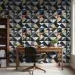 Papier peint carreaux design triangulaire bleu et moutarde