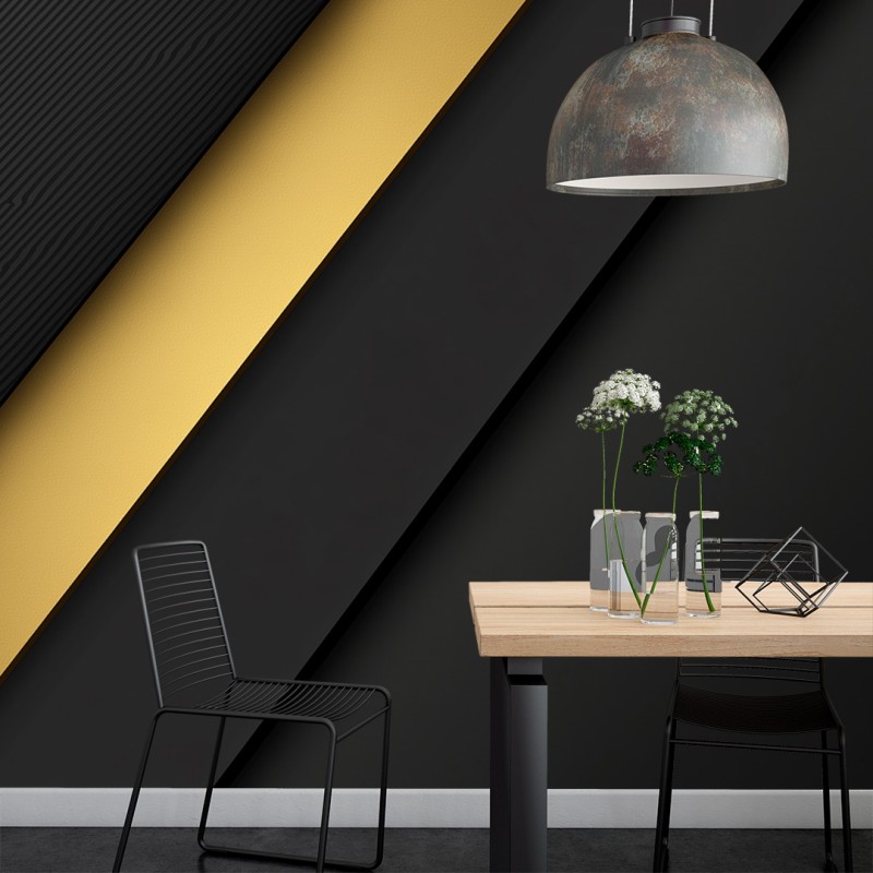 Fresque Murale 3D au Design Minimaliste en Noir et Or