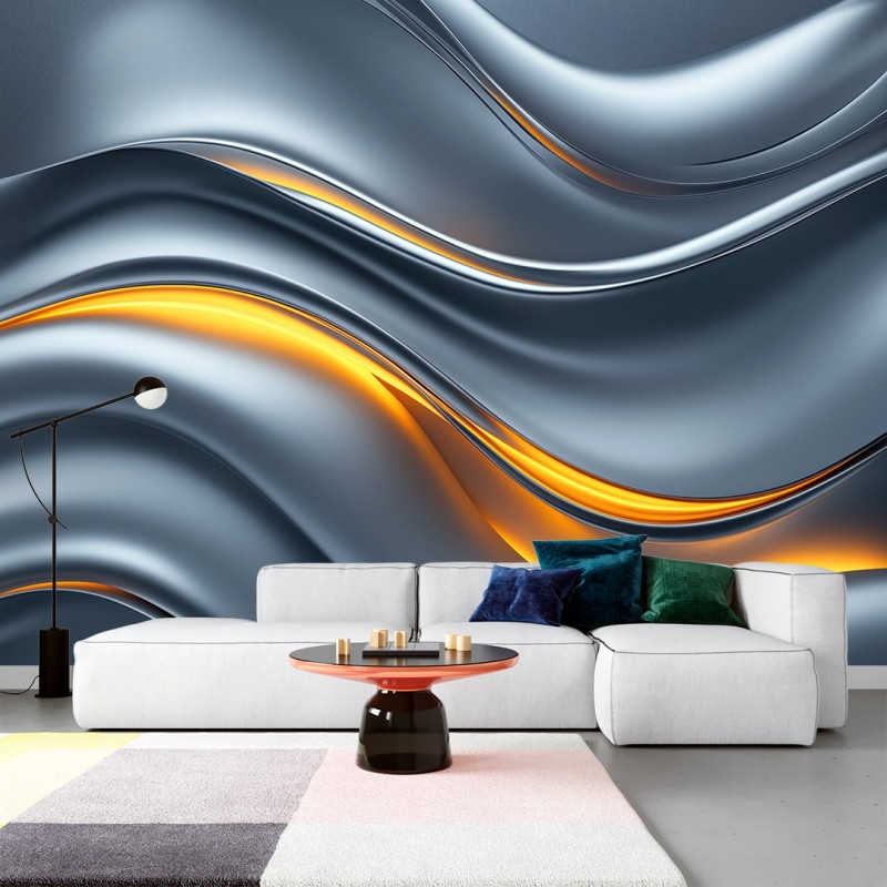 3D Fototapete Silberwellen mit Goldenen Reflexe