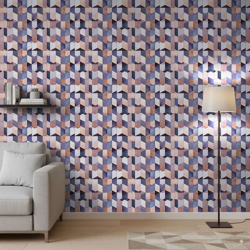 Wallpaper tiles 3D blue and beige herringbone geometric design