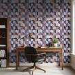 Wallpaper tiles 3D blue and beige herringbone geometric design