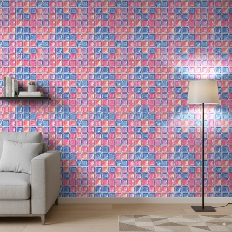 Papel Pintado Azulejo Diseño Mosaico Efecto Cristal Rosa Y Azul