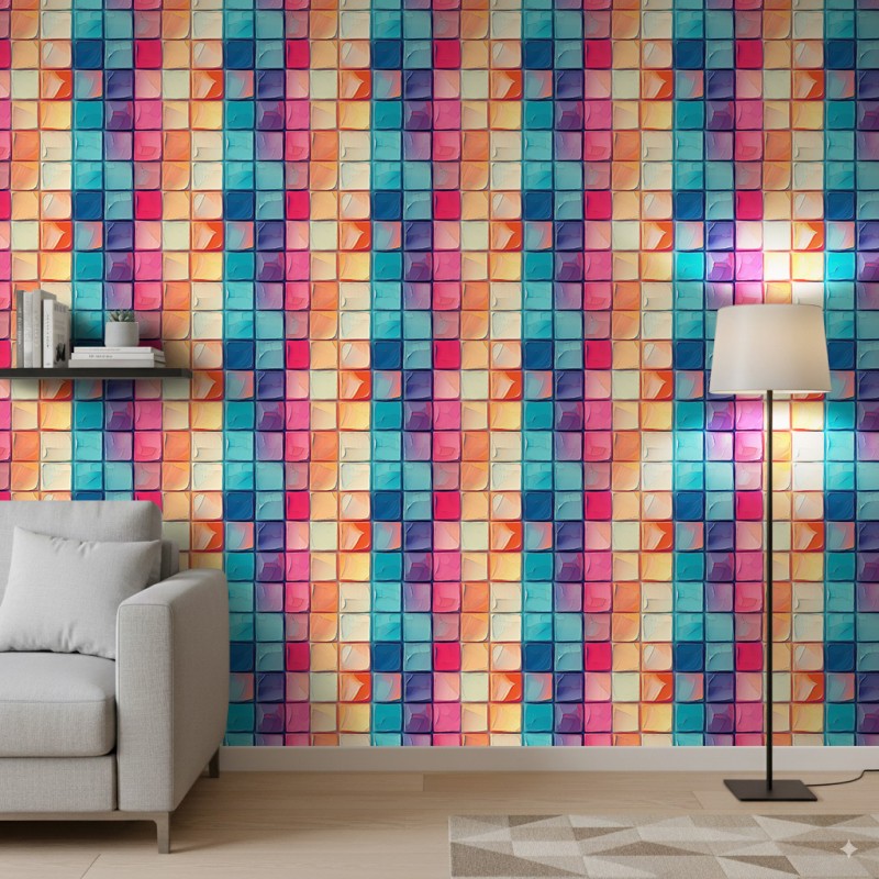 Papel Pintado Azulejo Diseño Mosaico Efecto Cristal Multicolor