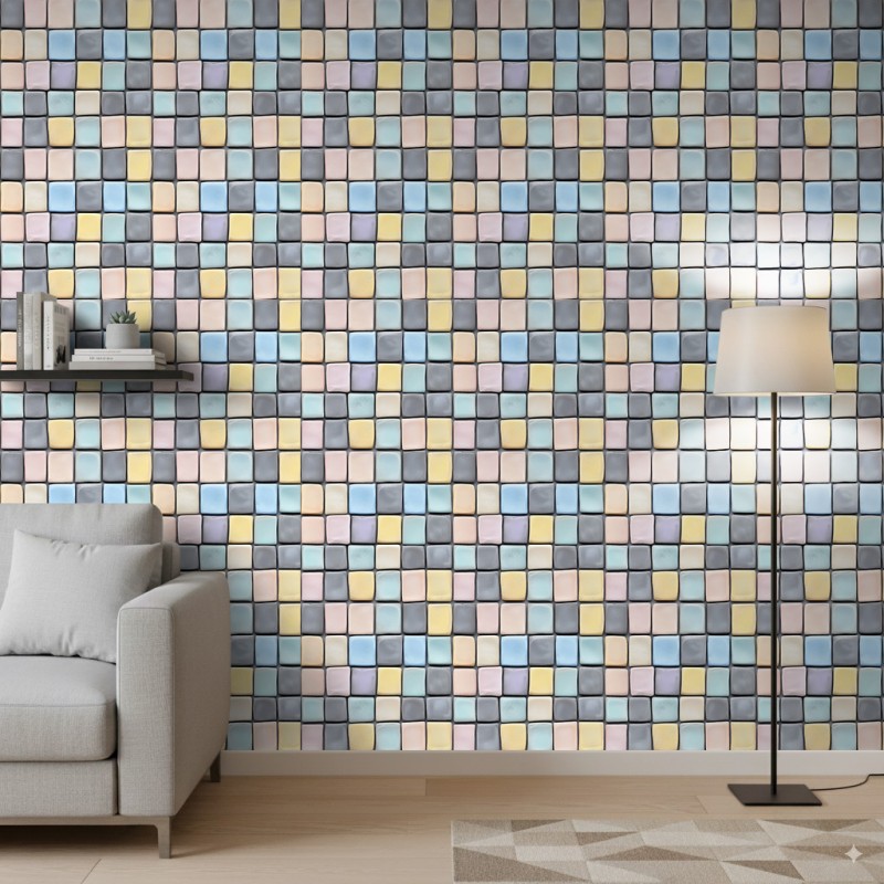 Papier peint carreaux design mosaïque matelassé multicolore pastel