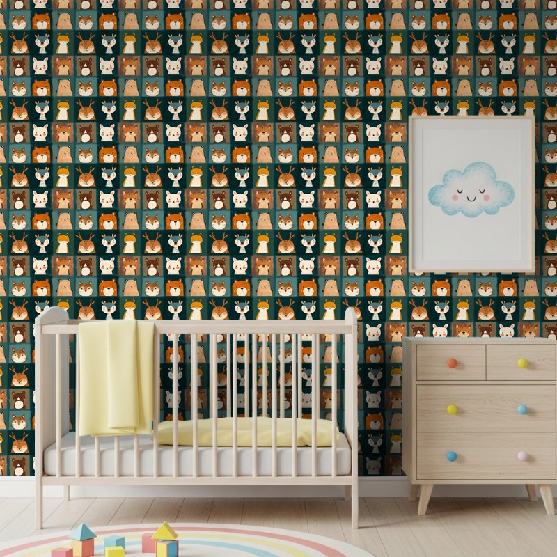 Baby wallpaper Forest animals in squares multicolor design