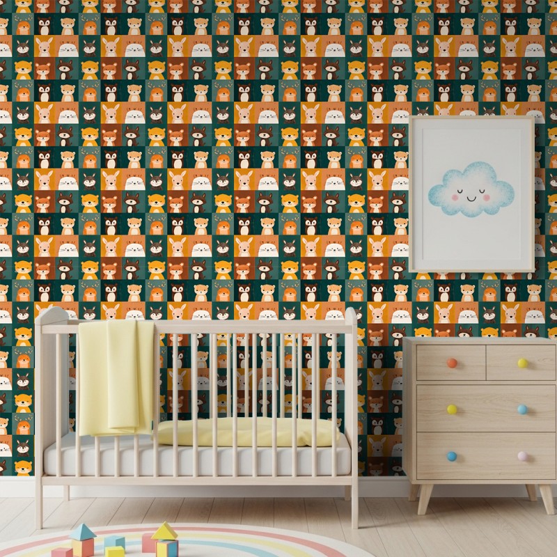 Carta da parati baby Bosco animali in riquadri arancione e verde