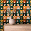 Papel Pintado Baby Bosque Animales En Recuadros Naranja Y Verde
