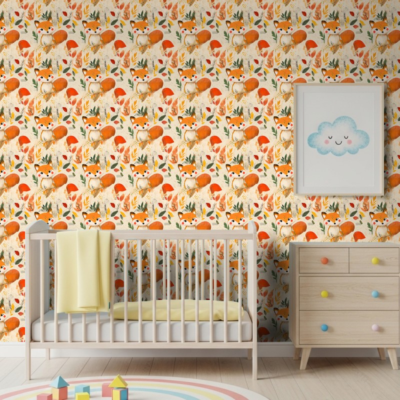 Baby wallpaper Forest foxes and autumn leaves multicolor design