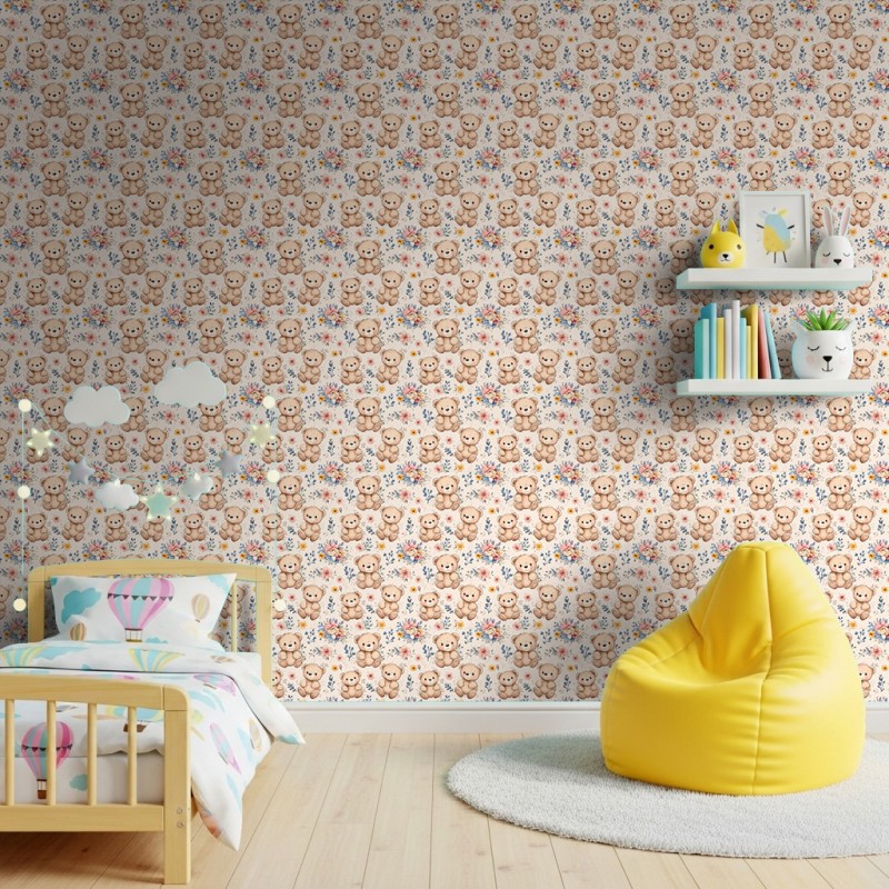 Baby wallpaper Teddy bears with beige flowers design